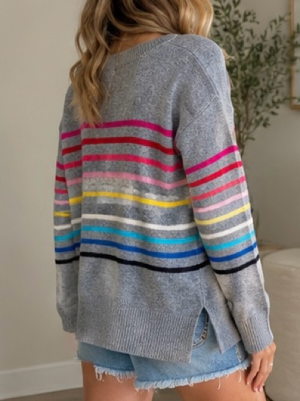 Old Navy Gray Crewneck Sweater with Multicolor Stripes